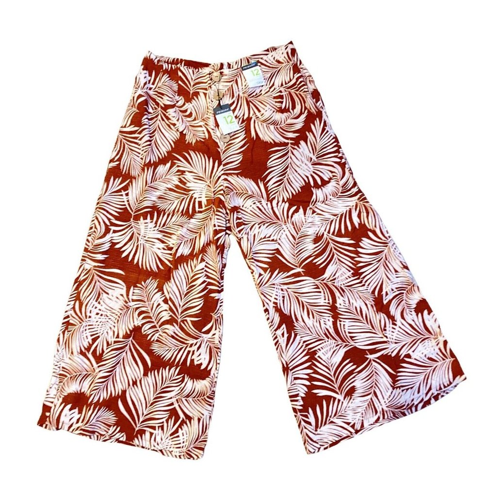 BNWT Wide Leg Trousers CROPPED BROWN TAN Tropical Print Size 12 CRUISE PARTY - Picture 1 of 8